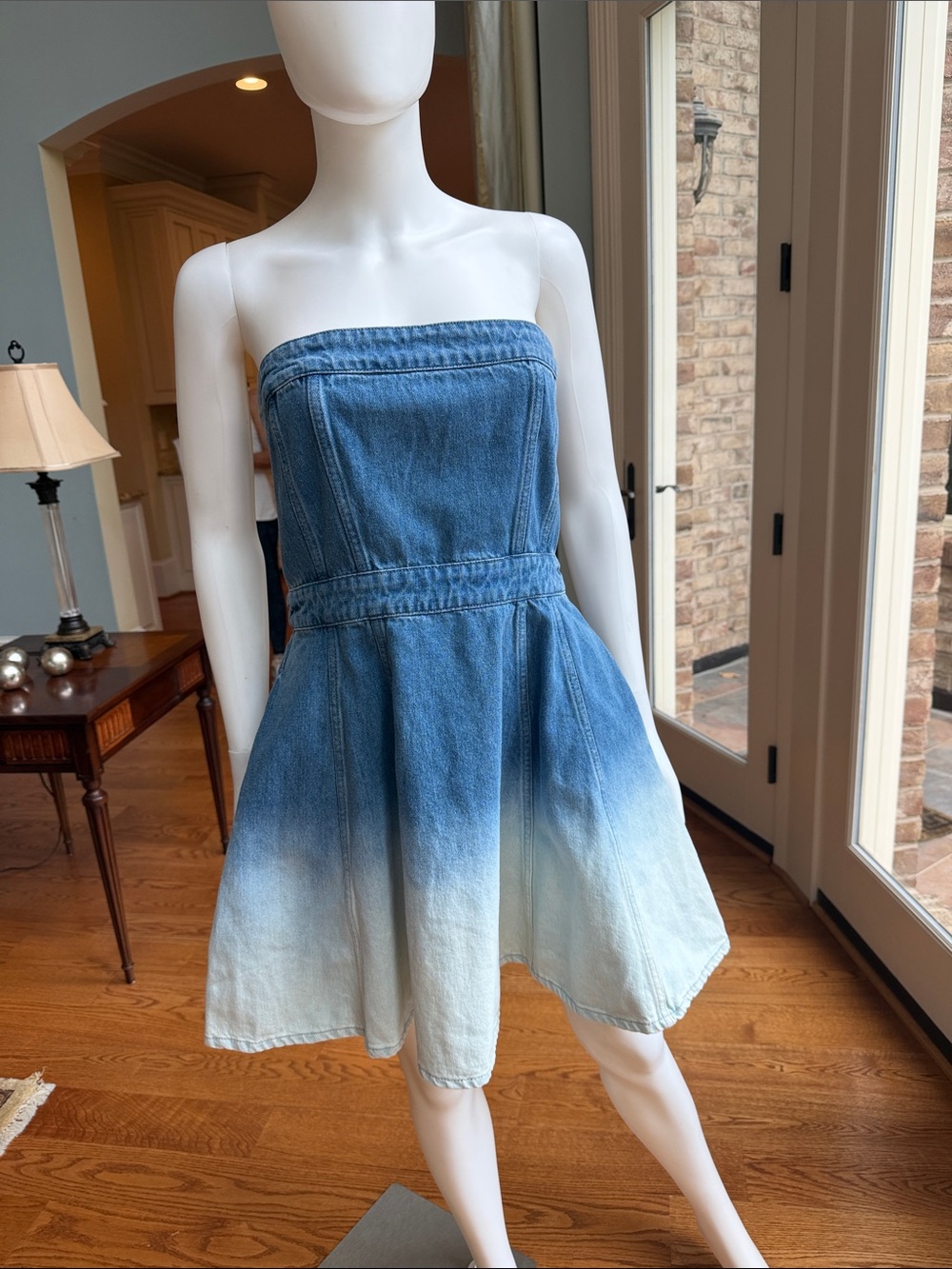 Amanda Uprichard Strapless Ombre Denim Dress in Blue and White - Picture 1 of 12